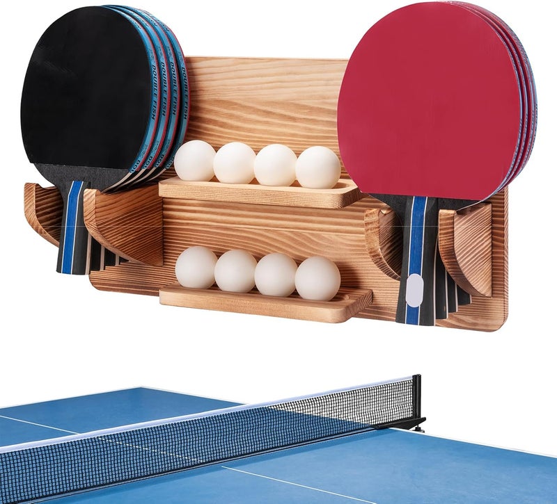 humberboat Ping Pong Paddle Storage Rack, Ping Pong Accessories Organizer Wall-Mount for 6 Paddles, 6 Pickleball Paddles and Balls, Pine Wood Table Tennis Racket Display for Game Room Bar Office Home - Image 1